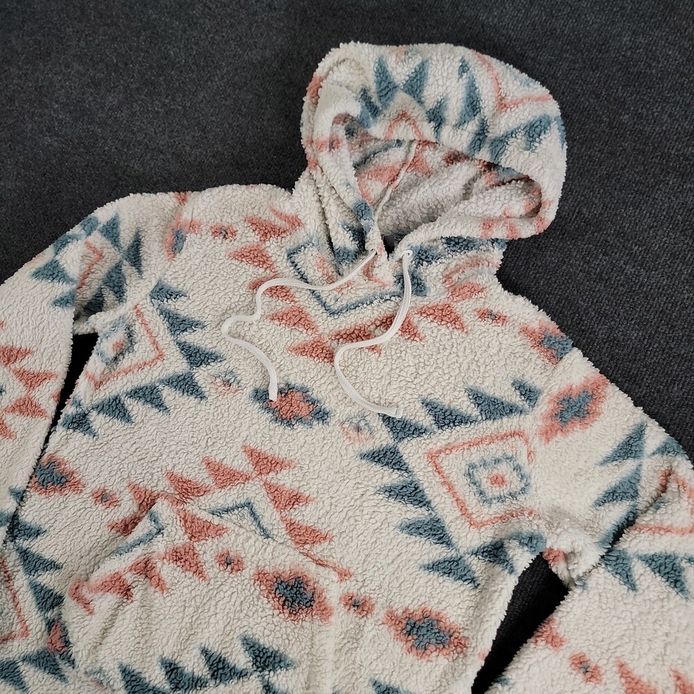 Women’s  Aztec Faux Fur Fleece Hoodie Pullover Small S White